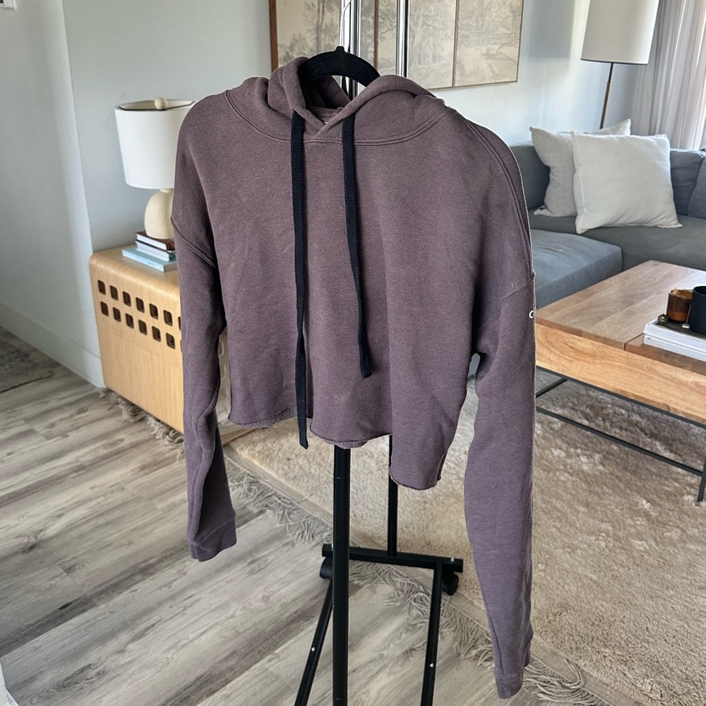 ALO Yoga Cropped Hoodie in Faded Plum with Black Drawstrings